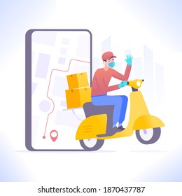 Quarantine delivery concept. Delivery man wearing mask and gloves riding moped, delivering package or parcel box. Fast courier service. Mobile tracking app on smartphone screen, vector illustration