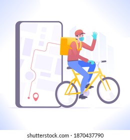 Quarantine delivery concept. Delivery man wearing mask and gloves riding bicycle, delivering package or parcel box. Fast courier service. Mobile tracking app on smartphone screen, vector illustration