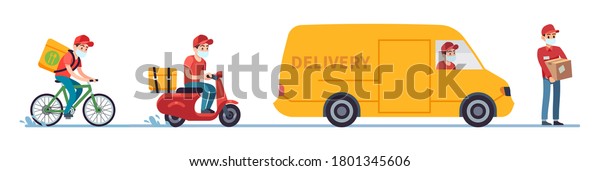 Quarantine delivery. Couriers in medical\
masks on bike, motorcycle and truck, order or parcel to client\
during covid-19 pandemic, express contactless shipping vector flat\
cartoon isolated\
illustration
