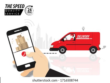 Quarantine delivery. Online order and the parcel delivery concept. Courier with medical, protective, respiratory mask driving van car. Vector illustration 