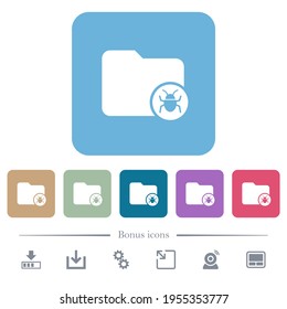 Iconos planos blancos del directorio de cuarentena en fondos cuadrados redondeados de color. 6 iconos de bonificación incluidos