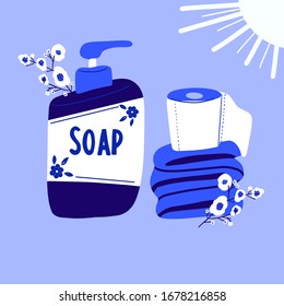 Quarantine due coronavirus  poster with soap, toilet paper and flower blossom vector illustration