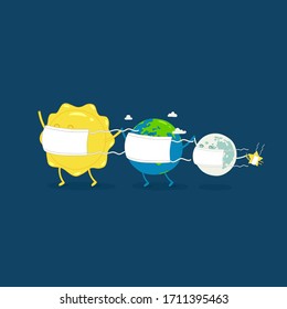 Quarantine Earth, sun and moon coronavirus COVID-19. Vector illustration.