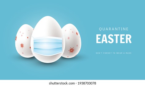 Quarantine Easter banner or poster concept. White realistic egg in face mask next to eggs with coronavirus ornament on the shell. - Vector illustration