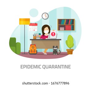 Quarantine epidemic corona virus risk concept or home isolation where person in medical face mask working distance or learning from home room on workplace table desk front view vector flat cartoon