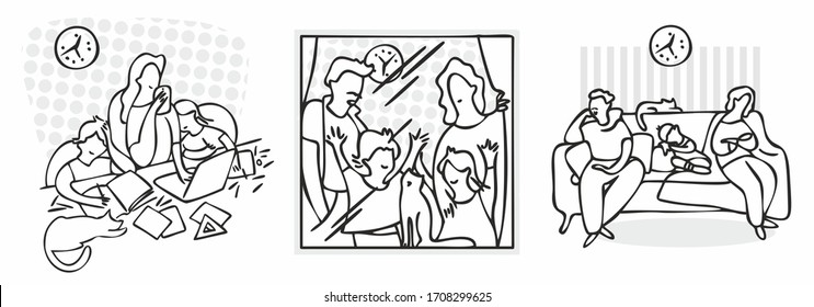 Quarantine. Family in self-quarantine, virus protection. Parents are working remotely. Distance learning. Stay at home. Vector illustration. The style of drawing doodles. Line art. Outline style