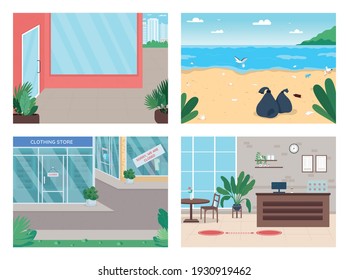 Quarantine flat color vector illustration set. Rubish on tropical island beaches. Closed stores because of virus. Covid lockdown 2D cartoon cityscape with closed businesses on background