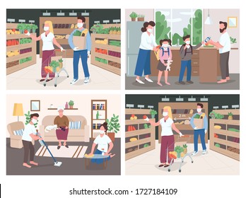 Quarantine flat color vector illustrations set. Social distancing while grocery shopping. People help elder disinfect house. Parent and children in medical masks. Family 2D cartoon characters