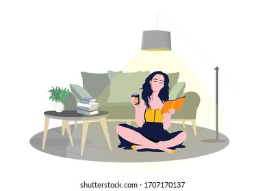 quarantine. Flat young friend woman with books in room with abstract interior and plant. Concept girl character student education. Vector illustration. Self isolation. Stay home.