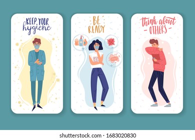 Tres banderas verticales sobre el tema de la cuarentena y el virus de la gripe. Gente al estilo de caricaturas planas. Ilustraciones vectoriales