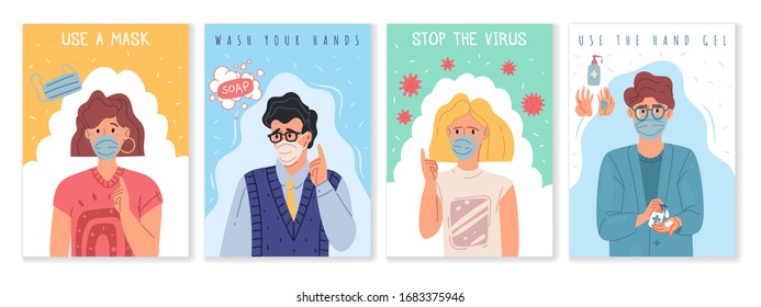 Cuatro banderas verticales sobre el tema de cuarentena y el virus de la gripe. Gente al estilo de caricaturas planas. Ilustraciones vectoriales