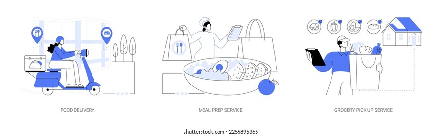 Quarantine food essentials supply abstract concept vector illustration set. Food delivery, meal prep service, grocery pick up service, product shipping during coronavirus pandemic abstract metaphor.