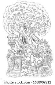 Quarantine forest animals in protective medical masks. Hand drawn fairy tale house in a fantasy old tree. Adults coloring book page, Coronavirus COVID-19, flu epidemic, infectious diseases concept 