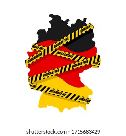 Quarantine in Germany. German map is wrapped in yellow warning tape Quarantine. Coronavirus epidemic in world. Outbreak Covid-19 Pandemic. World disaster