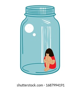 Quarantine. Girl is isolated in a glass vessel. Illustration on the topic of coronavirus.