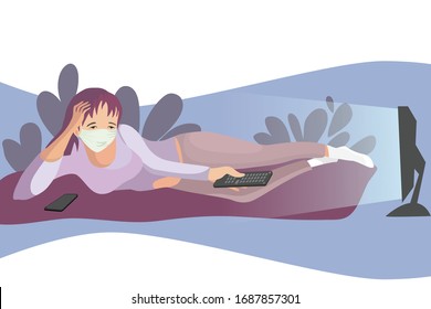 Quarantine. A girl in a medical mask lies at home on the couch and watches a TV show. Covid Prevention Concept - 19 or Coronavirus 2019 -nCov. Vector illustration. 