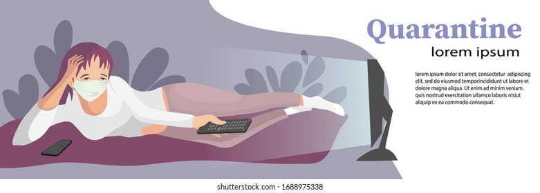 
Quarantine. A girl in a medical mask lies at home on the couch and watches a TV show. Covid Prevention Concept - 19 or Coronavirus 2019 -nCov. Vector illustration. Cartoon.
