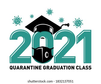 Quarantine graduation class of 2021. Concept for flyers, greeting card, prom invitations, T-shirt uniform emblems. Vector on transparent background