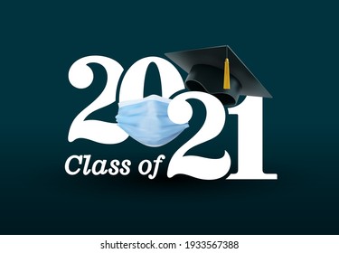 Quarantine graduation class of 2021. Сongratulatory concept logo for flyers, poster, prom invitations, greeting card, T-shirt uniform emblems. Vector illustration Isolated on black background.