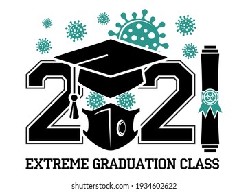 Quarantine graduation class of 2021. Concept for flyers, greeting card, prom invitations, T-shirt uniform emblems. Vector on transparent background