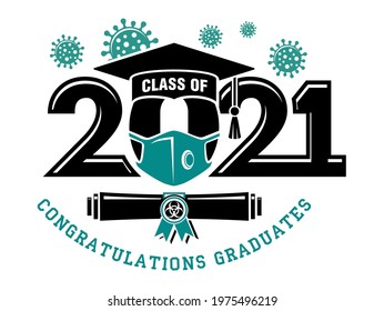 Quarantine graduation class of 2021. Concept for flyers, greeting card, prom invitations, T-shirt uniform emblems. Vector on transparent background