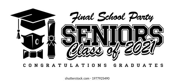 Quarantine graduation class of 2021. Concept for flyers, greeting card, prom invitations, T-shirt uniform emblems. Vector on transparent background