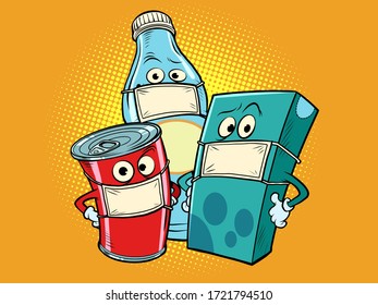 quarantine of grocery stores concept. the characters drinks milk Cola juice. Comics caricature pop art retro illustration drawing