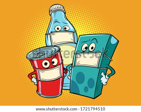 quarantine of grocery stores concept. the characters drinks milk Cola juice. Comics caricature pop art retro illustration drawing