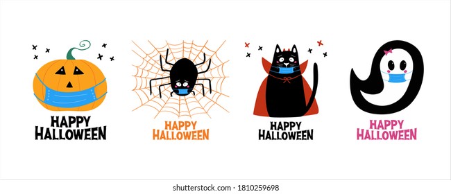 Quarantine Halloween greeting cards set  Jack o lantern  ghost  cat  spider in medical face mask  Isolated white background  Vector stock illustration 