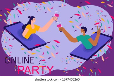 Quarantine. Happy woman and afro american man with glasses of wine at online party organized by their smartphones. Confetti. Stay at home. Concept of communications in self isolation.