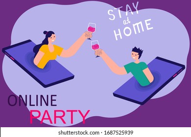 Quarantine. Happy young woman and man with glasses of wine at online party organized by their phones. Stay at home. Concept of communications in self isolation. Can used for web banner, poster, social