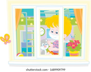 Quarantine at home, a cheerful little boy wearing a protective mask, playing with a cute small kitten on a windowsill in his nursery room, vector cartoon illustration