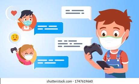 Quarantine Home Isolation Gamers Children Communication. Team Texting In Chat, Playing Online Video Game. Boy Kid In Mask Hold Gamepad, Mobile Phone Send Messages To Friends. Flat Vector Illustration