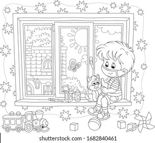 Quarantine at home, a little boy wearing a protective mask, playing with a cute small kitten on a windowsill in a nursery room on a beautiful sunny day, black and white vector cartoon illustration