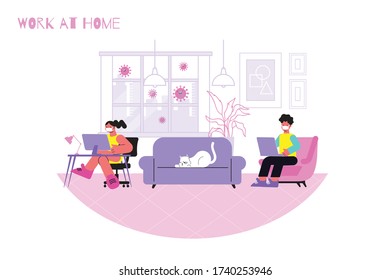 Quarantine home work coronavirus flat composition with text and indoor scenery with coworking persons in masks vector illustration