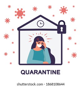 quarantine at home.People tired of quarantine.Quarantine to prevent coronovirus infection.illustration on distress, depression and fatigue in home isolation in covid epidemic.irritated from isolation
