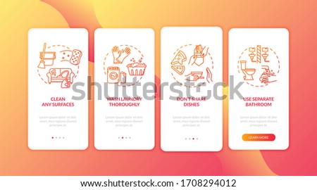 Quarantine housework onboarding mobile app page screen with concepts. Separate bathroom, hygiene walkthrough 4 steps graphic instructions. UI vector template with RGB color illustrations