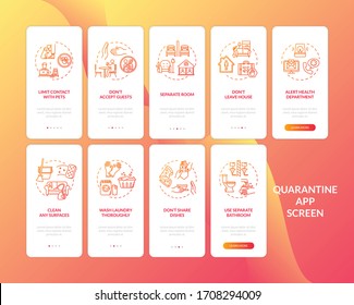 Quarantine, hygiene tips onboarding mobile app page screen with concepts set. Covid prevention walkthrough 5 and 4 steps graphic instructions. UI vector template with RGB color illustrations