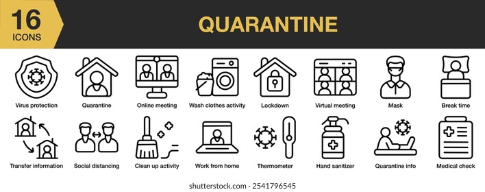 Conjunto de ícones de quarentena. Inclui tempo de pausa, desinfetante para as mãos, bloqueio, máscara, verificação médica, reunião on-line e muito mais. Contornar coleção de vetores de ícones.