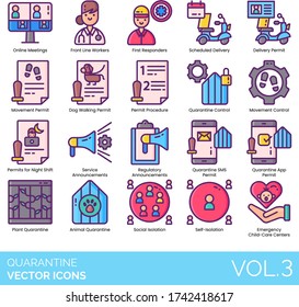 Quarantine Icons Including Online Meeting, Frontline Worker, First Responder, Movement Permit, Dog Walking, Procedure, Control, Night Shift, Regulatory, Social Isolation, Self-isolation, Child Care.