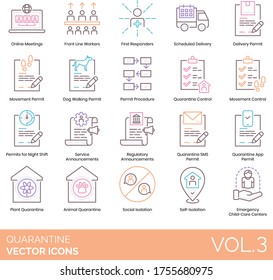 Quarantine Icons Including Online Meeting, Frontline Worker, First Responder, Scheduled Delivery, Movement Permit, Dog Walking, Procedure, Control, Night Shift, Service Announcement, Regulatory, Sms.