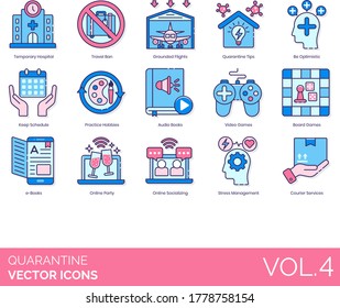 Quarantine icons including temporary hospital, travel ban, grounded flight, tips, practice hobby, audiobook, videogame, board game, ebook, online party, socializing, stress management, courier service