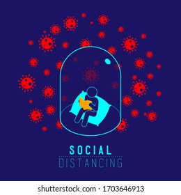 Quarantine introvert Man sign pictogram reading book keep distance to protection COVID-19 virus outbreak, Social distancing stay at home poster or banner illustration on background, copy space, vector