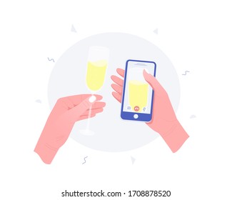 Quarantine isolation concept COVID-19. A human hand holds a smartphone with a video call on the screen. Video chat with friends. Online party with a glass of wine. Flat style. Vector illustration.
