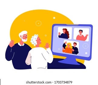 Quarantine Isolation.Old Couple Pensioner Parents Grandparent,Communicate With Adult Children,Son, Daughter.People, Home,Internet Computer.Online Conference Conversation Video.Flat Vector Illustration