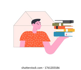 Quarantine isolation. Man is reading a book at home. Stay at home. Vector flat illustration.