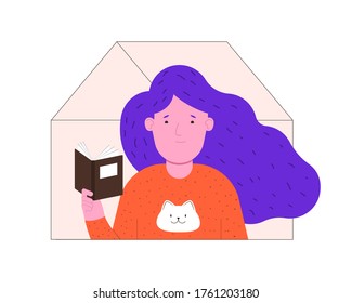 Quarantine isolation. Woman is reading a book at home. Stay at home. Vector flat illustration.