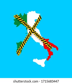 Quarantine in Italy. Italian map is wrapped in yellow warning tape Quarantine. Coronavirus epidemic in world. Outbreak Covid-19 Pandemic. World disaster