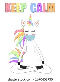 Quarantine. Keep calm. A masked unicorn practices yoga at home. Coronavirus epidemic. Self-isolation precaution,