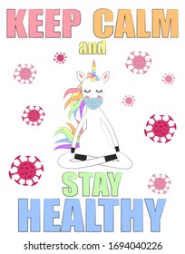 Quarantine. Keep calm and stay healthy. The masked unicorn practices yoga at home. Coronavirus epidemic. Precautions, self-isolation